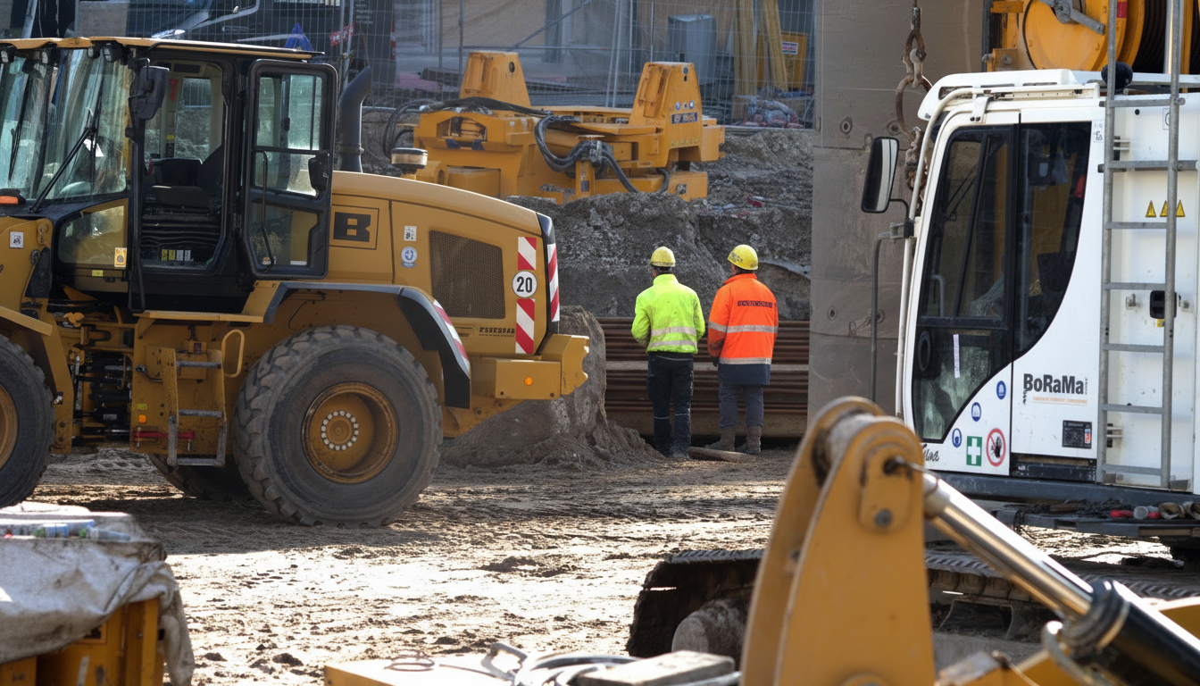 Construction site workers in high-visibility PPE managing WHS safety risks with heavy machinery