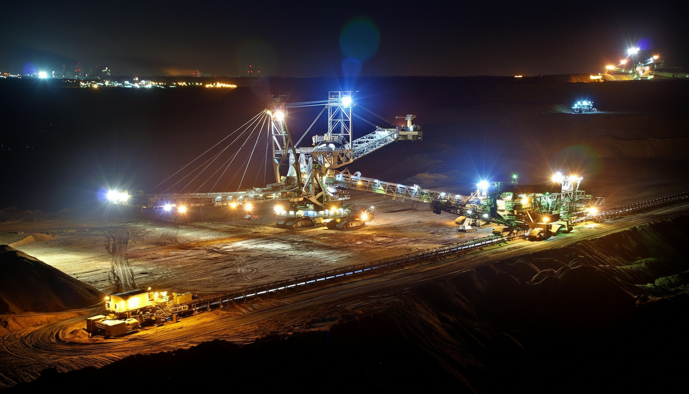 Open-pit mining operation at night with heavy extraction equipment requiring WHS safety management