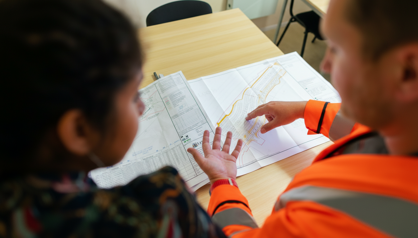 Professionals reviewing WHS management system documentation and safety plans in office