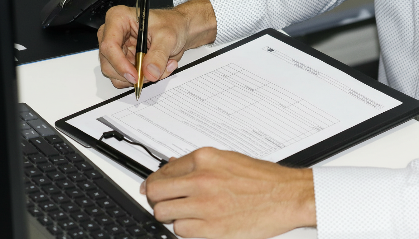 Worker completing WHS safety documentation and compliance paperwork